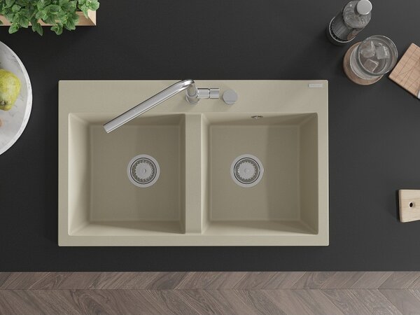 Mexen Hektor, 2 kamrás gránit mosogató 800x480x205 mm, bézs, króm szifon, 6521802000-69