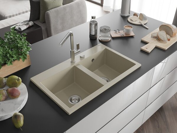 Mexen Hektor, 2 kamrás gránit mosogató 800x480x205 mm, bézs, króm szifon, 6521802000-69
