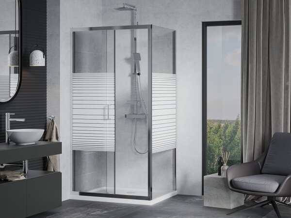Mexen Apia zuhanykabin tolóajtóval 110 x 100 cm, átlátszó üveg / csík-króm profil + zuhanytálca, 840-110-100-01-20-4010