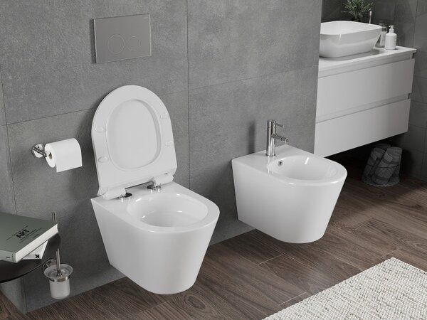Mexen Rico, falra akasztható wc csésze 490x360x370 mm, Perem nélküli Tornado + duroplast wc ülőke, fényes fehér, 30720100T