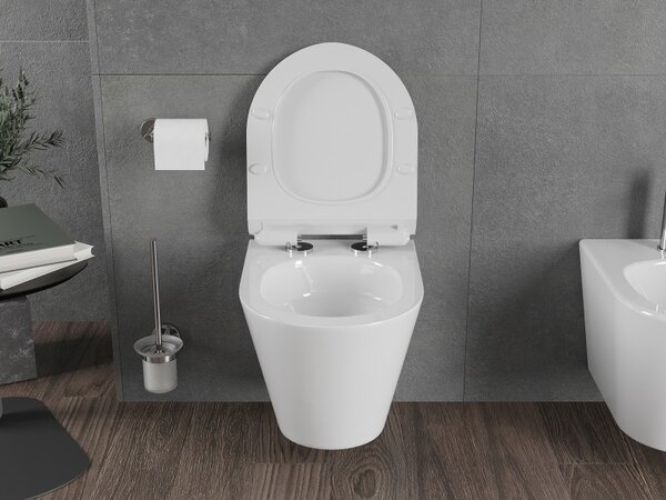 Mexen Rico, falra akasztható wc csésze 490x360x370 mm, Perem nélküli Tornado + duroplast wc ülőke, fényes fehér, 30720100T