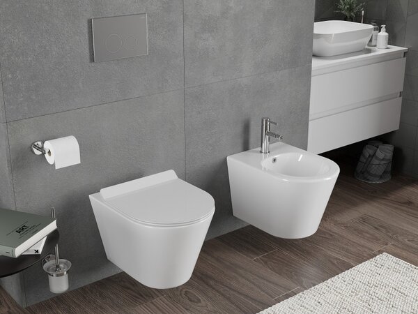 Mexen Rico, falra akasztható wc csésze 490x360x370 mm, Perem nélküli Tornado + duroplast wc ülőke, fényes fehér, 30720100T