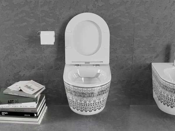 Mexen Lena, perem nélküli fali WC csésze duroplasztikus ülőkével, lassan záródó, fehér-fekete mintával, 30224095