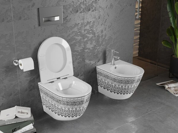 Mexen Lena, perem nélküli fali WC csésze duroplasztikus ülőkével, lassan záródó, fehér-fekete mintával, 30224095