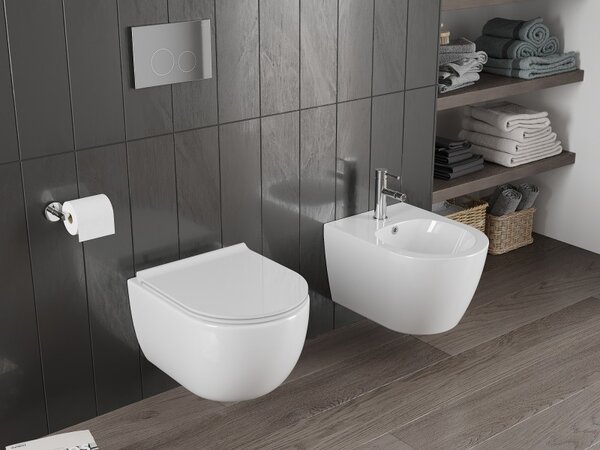 Mexen Carmen, falra akasztható wc csésze 490x365x340 mm, Perem nélküli Tornado + SLIM duroplast wc ülőke, fényes fehér, 30880500