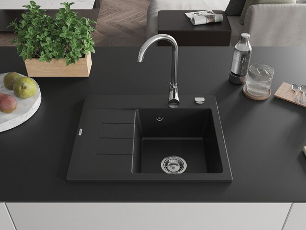 Mexen Ben, 1 kamrás gránit mosogató 600x500x190 mm, jobb + króm szifon, fekete, 6523605000-77