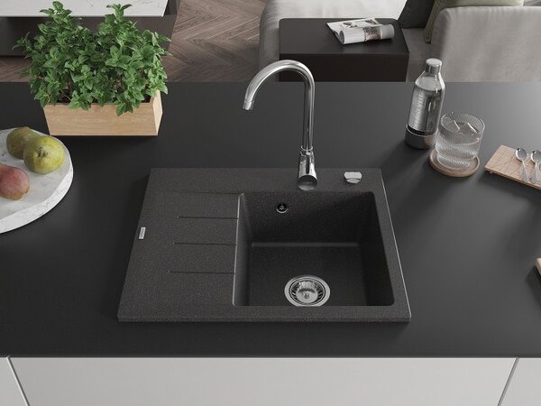 Mexen Ben, 1 kamrás gránit mosogató 600x500x190 mm, jobb + króm szifon, fekete foltos, 6523605000-76