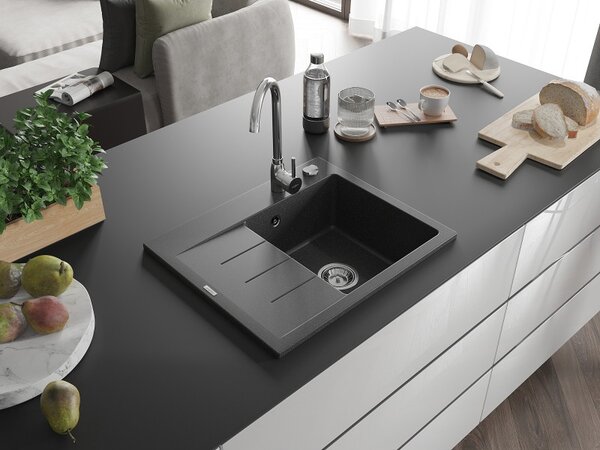 Mexen Ben, 1 kamrás gránit mosogató 600x500x190 mm, jobb + króm szifon, fekete foltos, 6523605000-76