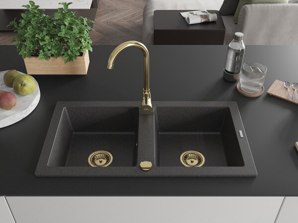Mexen Mario, gránit mosogató 820x436x161 mm, 2 kamrás, fekete foltos arany szifonnal, 6504822000-76-G