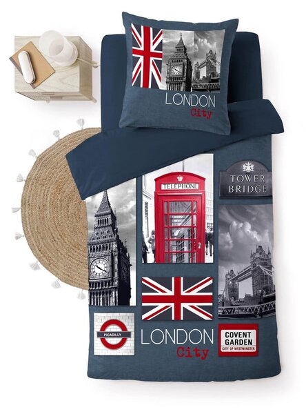 Sötétkék egyszemélyes pamut ágyneműhuzat 140x200 cm City London – douceur d'intérieur