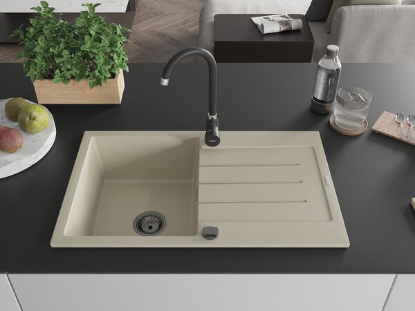 Mexen Bruno, gránit mosogató 795x495x200 mm, 1 kamrás, bézs, fekete szifonnal, 6513791010-69-B