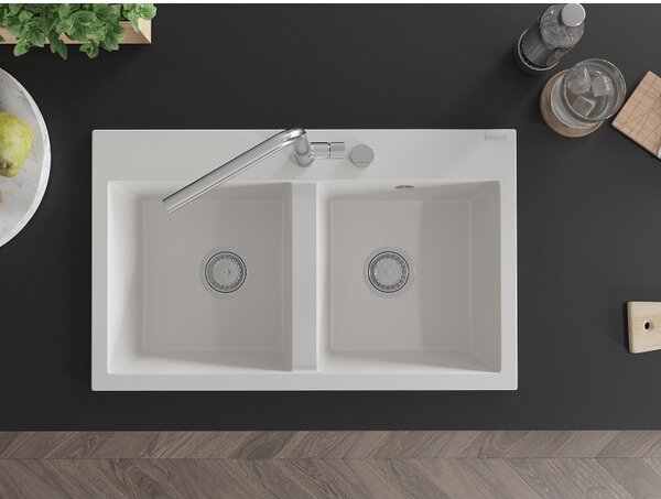 Mexen Hektor, 2 kamrás gránit mosogató 800x480x205 mm, fehér, króm szifon, 6521802000-20