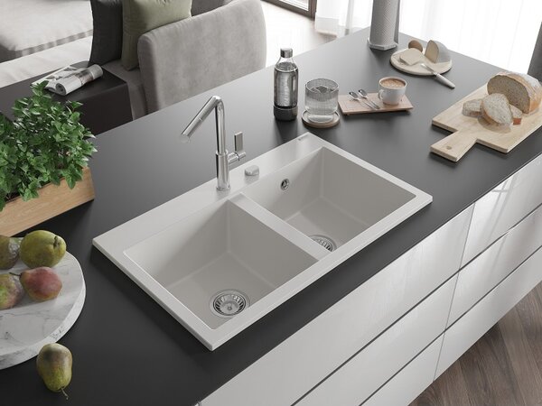Mexen Hektor, 2 kamrás gránit mosogató 800x480x205 mm, fehér, króm szifon, 6521802000-20