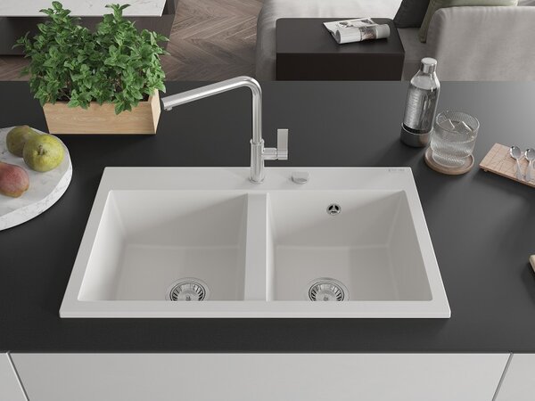 Mexen Hektor, 2 kamrás gránit mosogató 800x480x205 mm, fehér, króm szifon, 6521802000-20