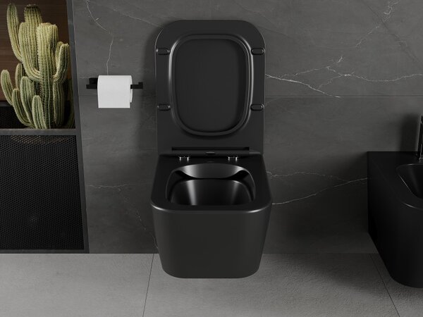 Mexen Madox, Perem nélküli falra szerelhető wc csésze 515x365x350 mm, lassan eső SLIM ülőke duroplasztból, fekete matt, 30154070