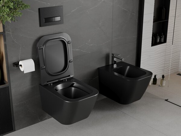 Mexen Madox, Perem nélküli falra szerelhető wc csésze 515x365x350 mm, lassan eső SLIM ülőke duroplasztból, fekete matt, 30154070