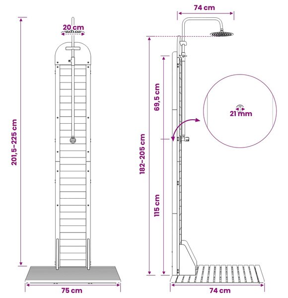 VidaXL Kültéri zuhany 225 cm Szilárd akácfa és rozsdamentes acél