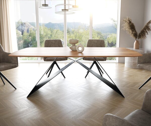 DELIFE Étkezőasztal Edge hajóformájú 200x100 akác természetes V-láb laposacél fekete svájci él