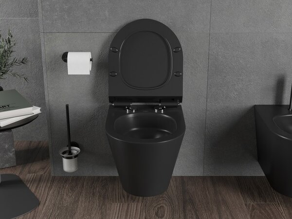 Mexen Rico, falra akasztható wc csésze 490x360x370 mm, Perem nélküli Tornado + duroplast wc ülőke, matt fekete, 30720185T