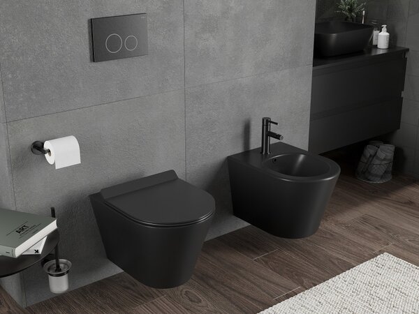 Mexen Rico, falra akasztható wc csésze 490x360x370 mm, Perem nélküli Tornado + duroplast wc ülőke, matt fekete, 30720185T