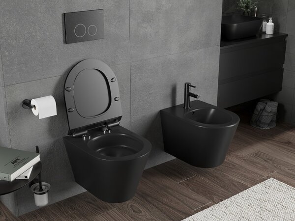 Mexen Rico, falra akasztható wc csésze 490x360x370 mm, Perem nélküli Tornado + duroplast wc ülőke, matt fekete, 30720185T