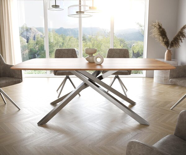 DELIFE Étkezőasztal Edge hajóformájú 200x100 akác természetes kereszt láb téglalap rozsdamentes acél svájci él