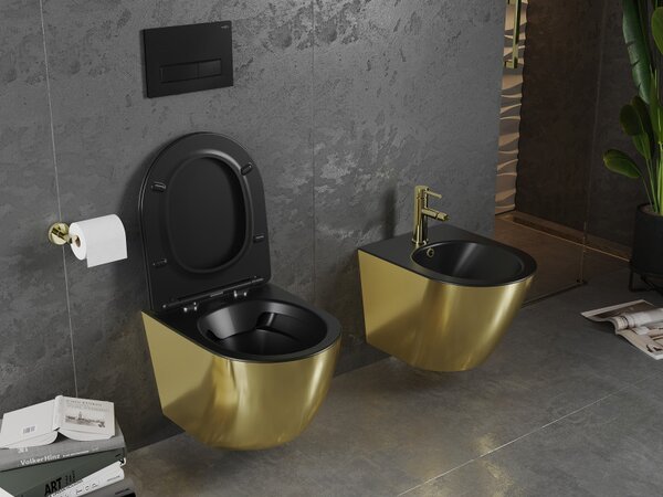 Mexen Lena, függő wc csésze 480x360x355 mm, lassan leeső ülőfelülettel, fekete matt - arany, 30224076