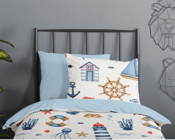 Kék-krémszínű pamut gyerek ágyneműhuzat babaágyhoz 100x135 cm Ahoy – Good Morning