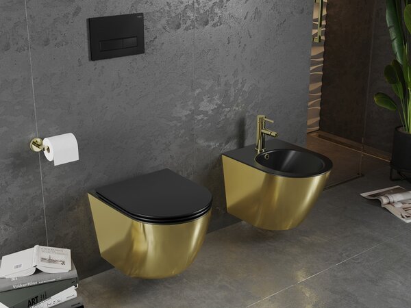 Mexen Lena, függő wc csésze 480x360x355 mm, lassan leeső ülőfelülettel, fekete matt - arany, 30224076