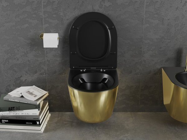 Mexen Lena, függő wc csésze 480x360x355 mm, lassan leeső ülőfelülettel, fekete matt - arany, 30224076