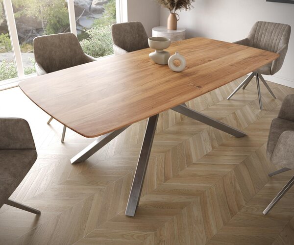 DELIFE Étkezőasztal Edge hajóformájú 200x100 akác természetes kereszt láb téglalap rozsdamentes acél svájci él