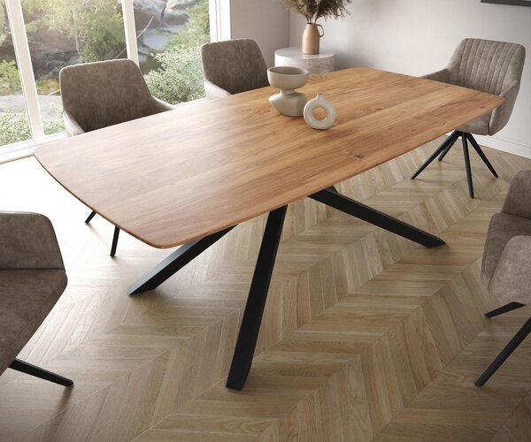 DELIFE Étkezőasztal Edge hajóformájú 200x100 akác természetes kereszt láb téglalap fekete svájci él