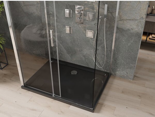 Mexen Omega, 3 falas zuhanykabin tolóajtóval 140 (ajtó) x 90 (fal) x 190 cm, 8mm átlátszó üveg, króm profil + fekete SLIM zuhanytálca, 825-140-090-01-00-3S-4070