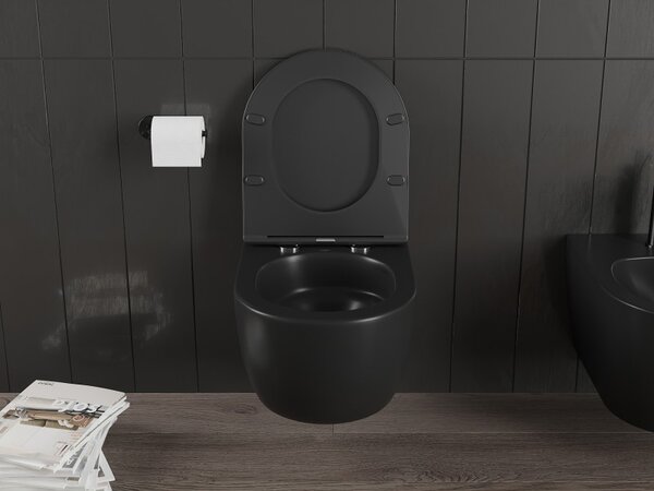 Mexen Carmen, falra akasztható wc csésze 490x365x340 mm, Perem nélküli Tornado + duroplast wc ülőke, fekete matt, 30881085T