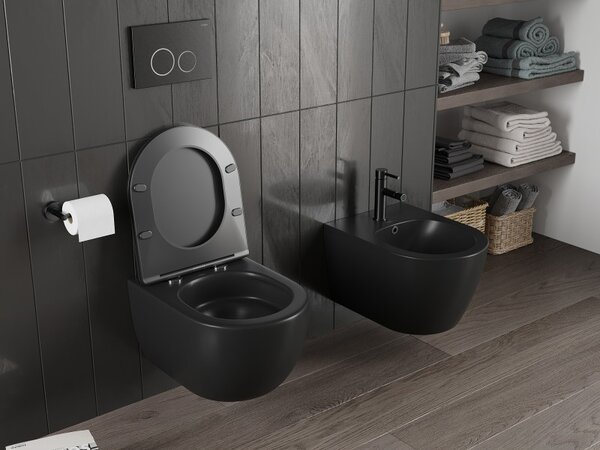 Mexen Carmen, falra akasztható wc csésze 490x365x340 mm, Perem nélküli Tornado + duroplast wc ülőke, fekete matt, 30881085T