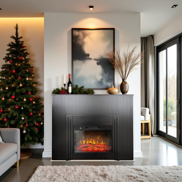 Elektromos kandalló dekoratív díszlécekkel, LAMELIA fekete matt, ElectricSun, hanghatással, 3 szín, telefonos alkalmazással, SZ120xM102cm