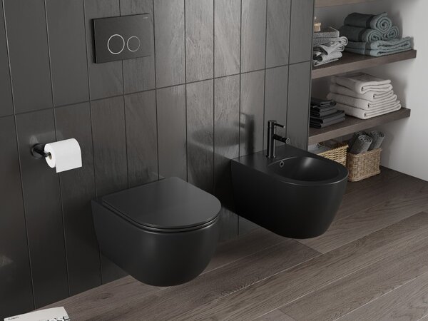 Mexen Carmen, falra akasztható wc csésze 490x365x340 mm, Perem nélküli Tornado + duroplast wc ülőke, fekete matt, 30881085T