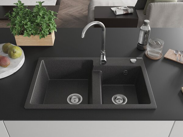 Mexen Tomas, gránit mosogató 800x500x190 mm, 2 kamrás, fekete foltos, 6516802000-76