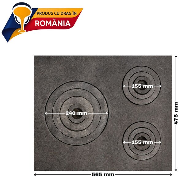 KÖZÉPSŐ ÖNTÖTTVAS FŐZŐLAP 3 LÁNGGAL (NYÍLÁSSAL) 565 x 475 mm