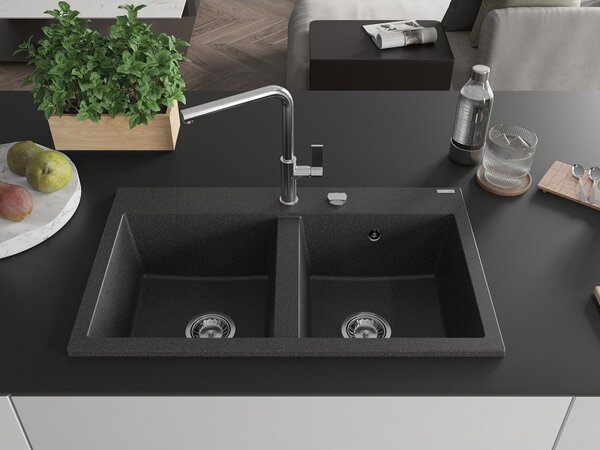 Mexen Hektor, 2 kamrás gránit mosogató 800x480x205 mm, fekete foltos, króm szifon, 6521802000-76