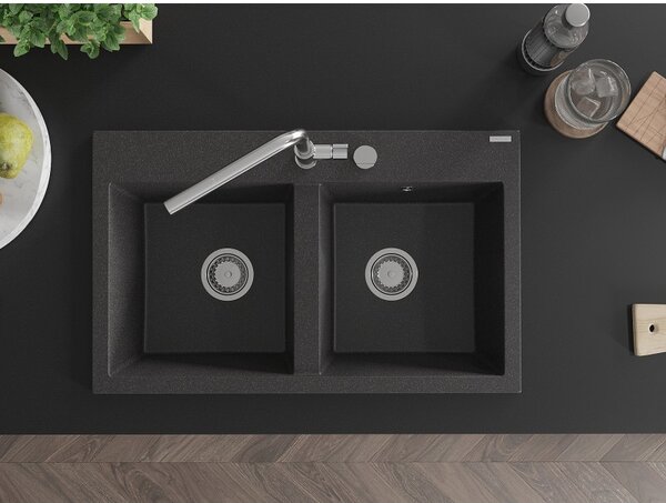 Mexen Hektor, 2 kamrás gránit mosogató 800x480x205 mm, fekete foltos, króm szifon, 6521802000-76