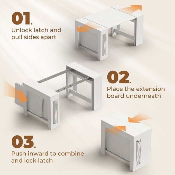 HOMCOM Kihúzható asztal, konzollá alakítható, 10 fő részére, forgácslap, acél, 240 x 90 x 78 cm, fehér