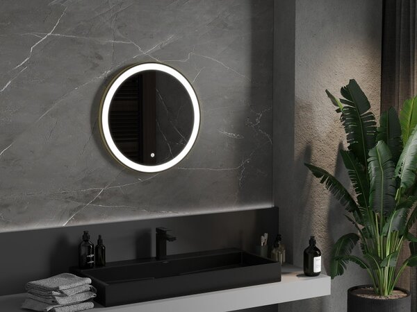 Mexen Esso kerek LED háttérvilágítású fürdőszobai tükör 60cm 6000K párásodásgátló fűtőbetét arany keret 9825-060-060-611-50