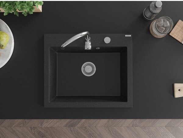 Mexen Eliz, 1 rekeszes gránit mosogató 600 x 500 mm, fekete/ezüstmetál, króm szifon - 6525601005-73