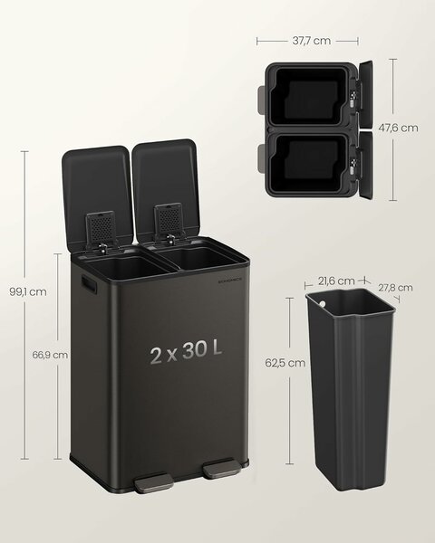 SONGMICS Szemetes 2x30L, 2 rekeszes, soft-close fedéllel és belső vödrökkel, acél, sötétszürke