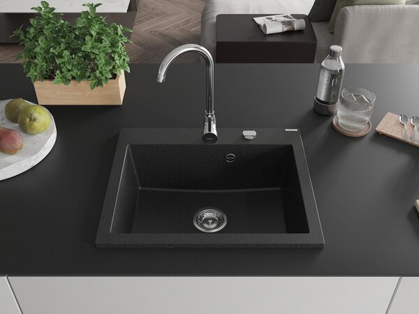 Mexen Eliz, 1 rekeszes gránit mosogató 600 x 500 mm, fekete/ezüstmetál, króm szifon - 6525601005-73