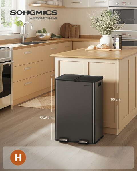 SONGMICS Szemetes 2x30L, 2 rekeszes, soft-close fedéllel és belső vödrökkel, acél, sötétszürke