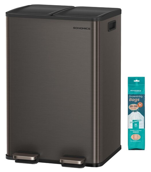 SONGMICS Szemetes 2x30L, 2 rekeszes, soft-close fedéllel és belső vödrökkel, acél, sötétszürke