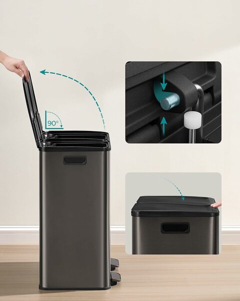 SONGMICS Szemetes 2x30L, 2 rekeszes, soft-close fedéllel és belső vödrökkel, acél, sötétszürke