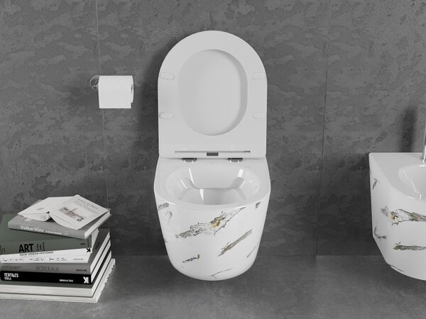 Mexen Lena, Perem nélküli fali WC csésze duroplasztikus ülőkével, lassan záródó, márvány-fehér kőutánzattal, 30224091